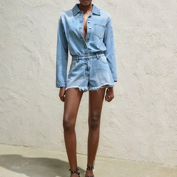 Light Wash Casual Women's Denim Bib Pants Long Sleeve Romper Jumpsuit - Picture 2 of 6